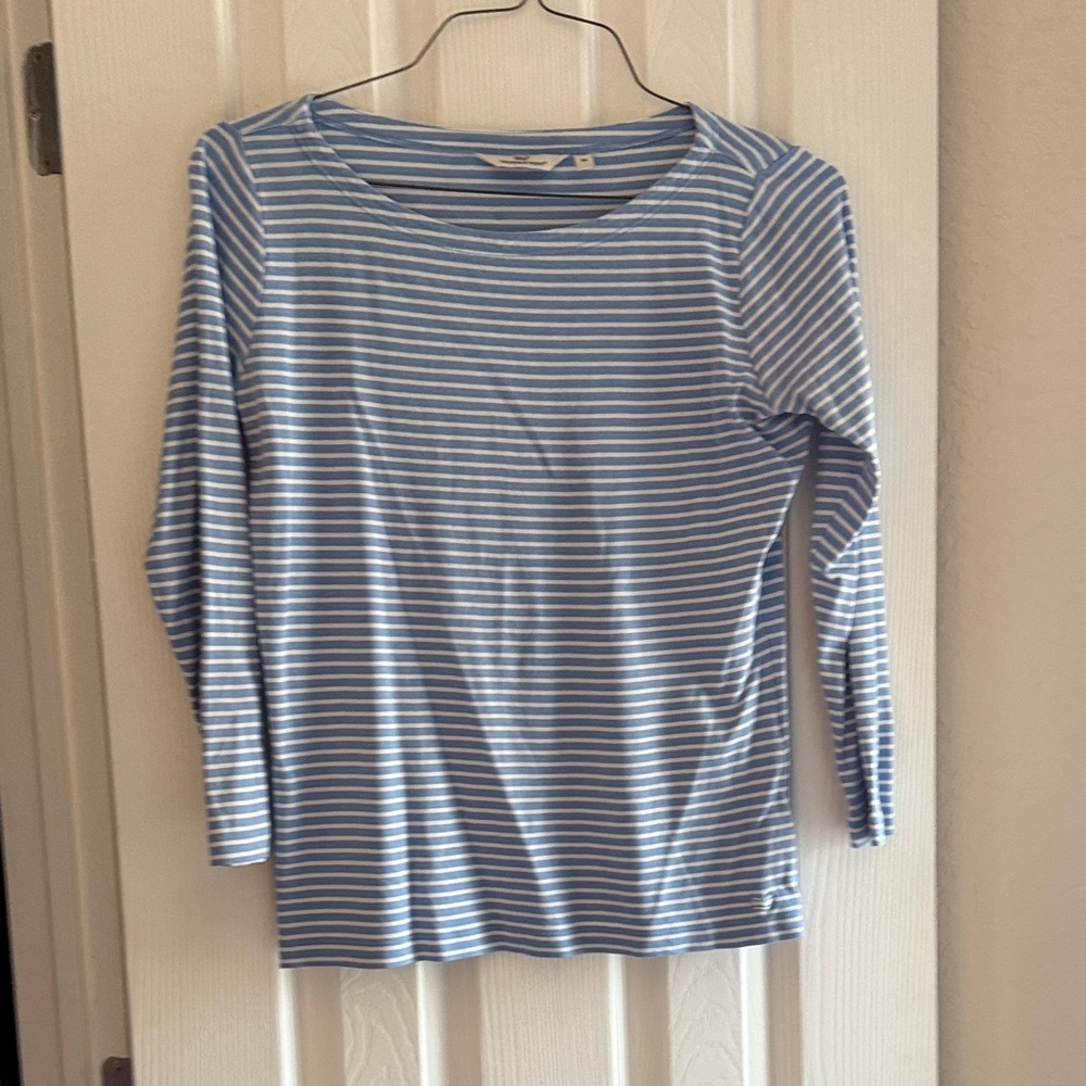 Vineyard Vines Blue and White Striped 3/4 Sleeve Tee